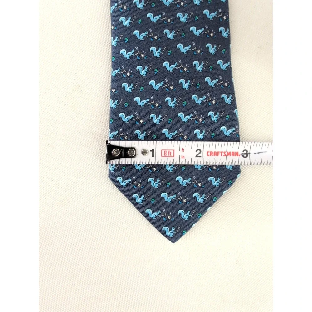 Hermes Silk Necktie Navy Blue Squirrel Cracking Nut Animal Print Made in France